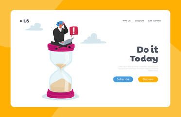 Deadline, Business Process Landing Page Template. Tiny Businesswoman Sit on Huge Hourglass with Laptop. Time Management