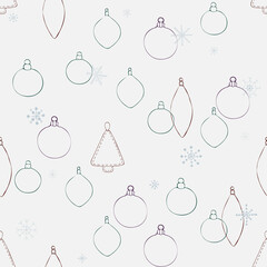 Set of vector illustrations on a white background on the theme of New Year's toys. Seamless pattern of hand drawn Christmas toys
