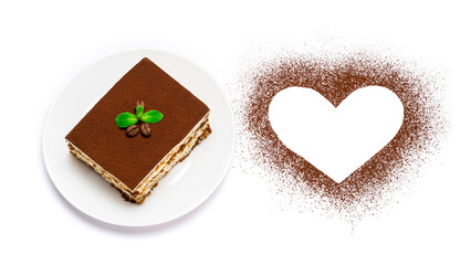 Traditional Italian Tiramisu square dessert portion on ceramic plate and heart shape made of cocoa powder isolated on white