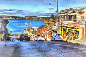 Naklejka premium View on small town street colorful painting looks like picture