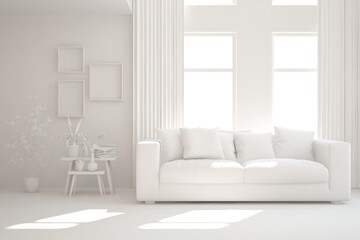 White minimalist living room with sofa. Scandinavian interior design. 3D illustration