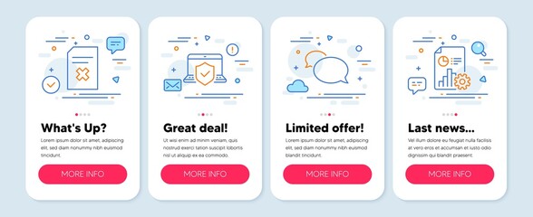 Set of Technology icons, such as Messenger, Delete file, Laptop insurance symbols. Mobile app mockup banners. Report line icons. Speech bubble, Remove document, Full coverage. Vector