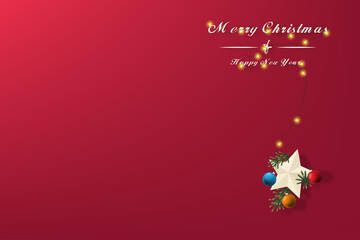 Fototapeta na wymiar Christmas concept with lights decorated beautifully and hanging five-pointed star shape and colorful balls with text Merry Christmas and Happy New Year isolated on gradient red background.