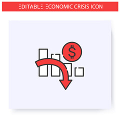 Economic crisis line icon. Profit reduction, financial recession. Downfall arrow and graph. Economical crash and depression, global financial downturn. Isolated vector illustration. Editable stroke 