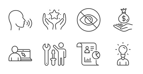 Human sing, Not looking and Ranking line icons set. Online education, Report and Education signs. Repairman, Income money symbols. Talk, Eye care, Hold star. People set. Quality line icons. Vector