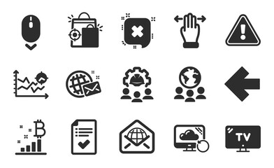 Approved checklist, Engineering team and Web mail icons simple set. Tv, Left arrow and Multitasking gesture signs. Bitcoin graph, Recovery cloud and World mail symbols. Flat icons set. Vector