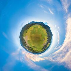 Aerial View Above Rural Rice Fields (360 Degree Planet Spherical)