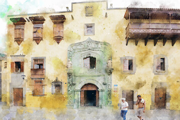 Fototapeta na wymiar Cityscape of Las Palmas de Gran Canaria in Summer time. Watercolor illustration.