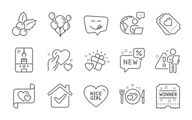 Nice girl, Hold heart and Love letter line icons set. Love gift, Winner ticket and Romantic dinner signs. Crane claw machine, Christmas holly and Balloons symbols. New, Yummy smile. Vector