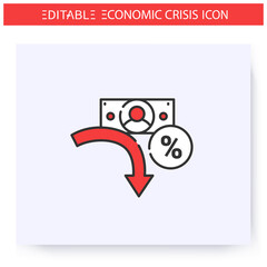 Profit drop line icon. Profit reduction, financial recession. Downfall arrow and banknote. Economical crash, global financial and economic downturn. Isolated vector illustration. Editable stroke
