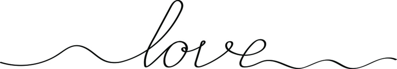 The word Love is written in black letters in lettering style, a signature for a card of lovers. A screensaver for web design for valentine's day or wedding day.