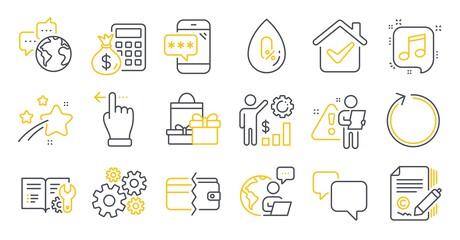 Set of Business icons, such as Employees wealth, Touchscreen gesture, Speech bubble symbols. Finance calculator, Shopping, Copywriting signs. Loop, Phone password, Musical note. Cogwheel. Vector