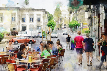 Cityscape of Las Palmas de Gran Canaria in Summer time. Watercolor illustration.