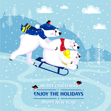 Vector Christmas greeting card with family polar bears in a cartoon style. Funny smiling bears on a winter walk. Background of a winter landscape. Merry Christmas congratulation with cute happy bears