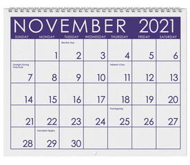 2021: Calendar: Month Of November
