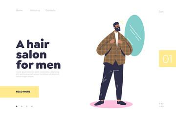 Hair salon for man landing page with hipster guy looking in mirror after haircut