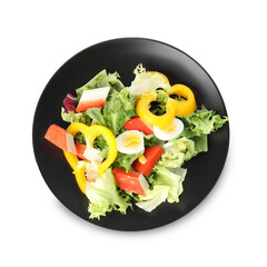 Salad with fresh crab sticks and lettuce on white background, top view