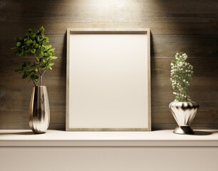 A vertical blank frame on the shelf. Empty poster template. 3D rendering.