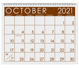 2021: Calendar: Month Of October