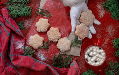 red biscuit gift wooden background new year cup coffee