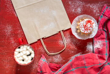 red biscuit gift wooden cake background new year cup coffee