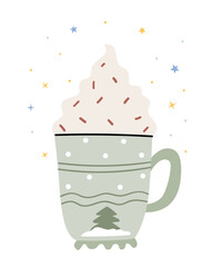 Cocoa with whipped cream in a cute winter cup.Winter drink hot chocolate.Cold winter holiday season warm cocoa illustration.Delicious cold weather beverage.