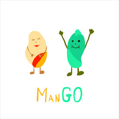 Two mangos HE and SHE with hand drawn text Mango. Mango characters concept colorful flat vector illustration 