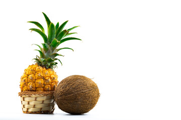 Tropical fruits pineapple and coconut beautiful composition on white isolated background banner