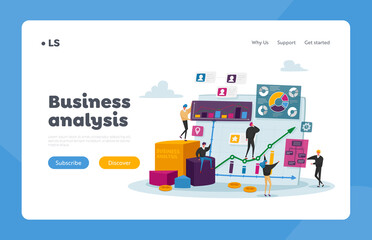 Business Analysis, Tiny Characters at Huge Monitor with Charts Landing Page Template. People Analyze Information Graphs