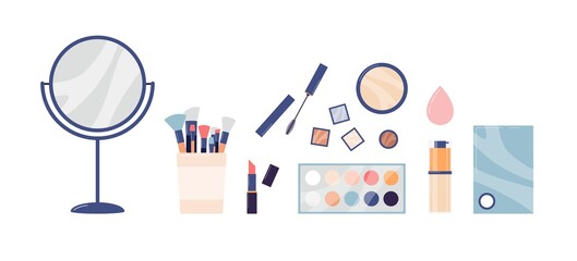 Kit of cosmetic products and tools for makeup flat vector illustration isolated.