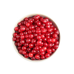 Fresh ripe cranberries in bowl isolated on white, top view