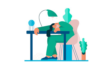 Tired overworked doctor or nurses sleeping at the table. Exhausted Healthcare worker. Coronavirus pandemic, Covid-19 quarantine.