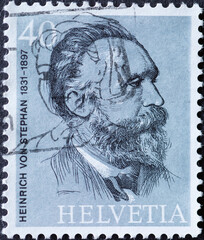 Switzerland - Circa 1974 : a postage stamp printed in the swiss showing a portrait of the postmaster Heinrich von Stephan (1831-97) founder of the UPU. 100 years of the Universal Postal Union