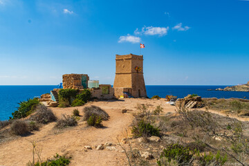 Fototapeta na wymiar Għajn Tuffieħa Tower in Mellieha, was completed in 1637 and was the second Lascaris Tower to be built on Malta.