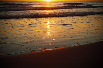 Golden sunrise on the beach, Mediterranean sea