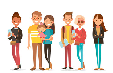Big set group of diverse flat cartoon vector characters people couples, mom with kids in different poses standing together isolated on white background.Crowd people. Casualy looking dressed men women.
