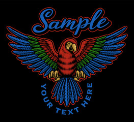 A colorful vector illustration of an Ara parrot on a dark background, this design can be used as shirt print as well as for many other uses