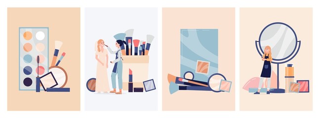 Set of social media banners or cards for makeup artist flat vector illustration.