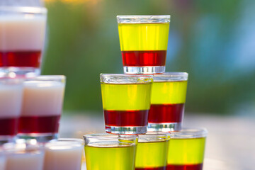 Close up view on colored glass shots