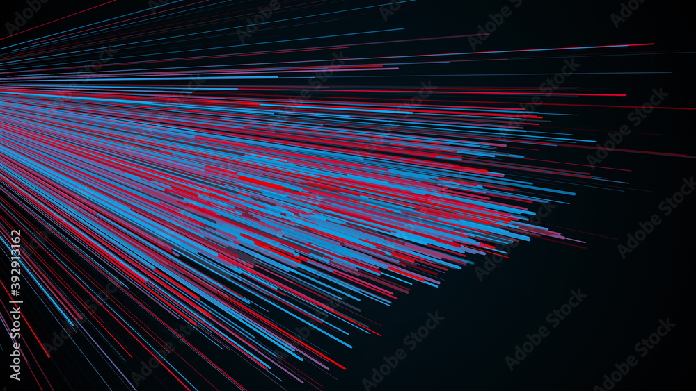 Poster omputer generated stream of thin random lines and particles. 3d rendering arcuate backdrop