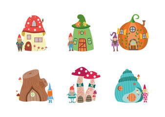 Obraz na płótnie Canvas Set of characters of gnomes and houses, flat vector illustrations isolated.