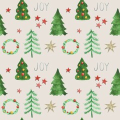 Watercolor pattern with Christmas trees, illustration.