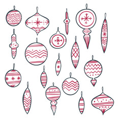 Hand drawn Christmas decorations. Christmas tree toys. Vector image, clipart, editable details. For backgrounds, packaging, textile and various other designs.