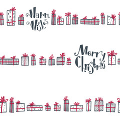 Pattern with hand-drawn Christmas presents. Illustration in a Scandinavian, minimalistic style. For backgrounds, packaging, textile and various other designs.