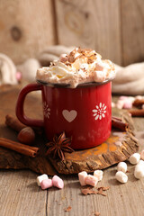 hot chocolate milk and whipped cream with marshmallow