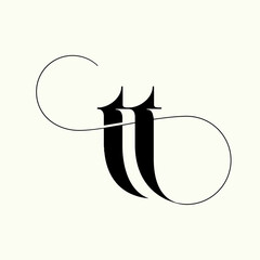 TT logo monogram.Typographic icon with double letter t. Lowercase lettering with decorative swirl. Alphabet initials sign isolated on light background. Modern, clean, luxury style.