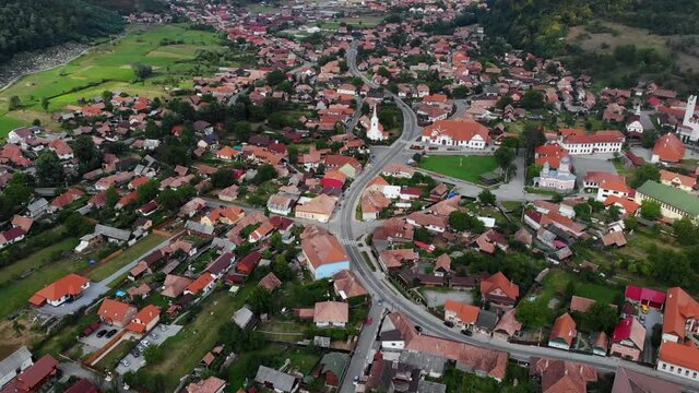 Aerial drone view of Sovata mountain village in Romania