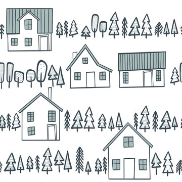 Pattern with old european houses and trees isolated on vintage background. Hand drawn sketch in doodle style. Vector image, clipart, editable details.