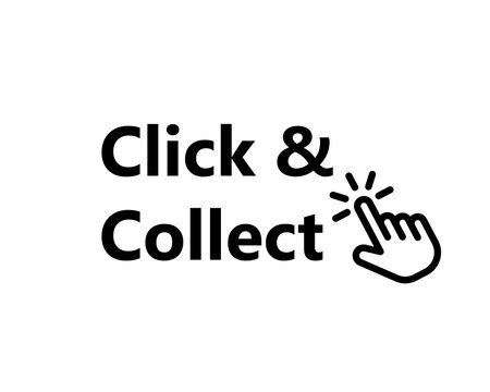 Click and collect text icon with hand pointer. Clipart image isolated on white background.