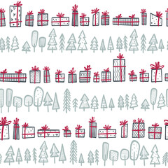 Pattern with hand-drawn Christmas presents and trees. Illustration in a Scandinavian, minimalistic style. For backgrounds, packaging, textile and various other designs.